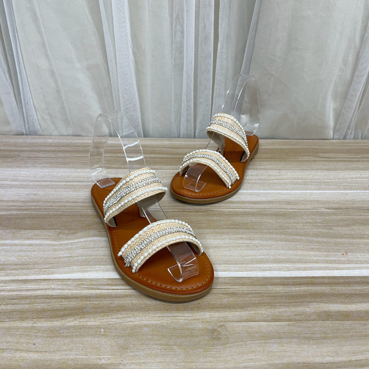 外贸原单平底编织带钻珍珠一字拖鞋夏季时尚新款女凉鞋圆头露趾
