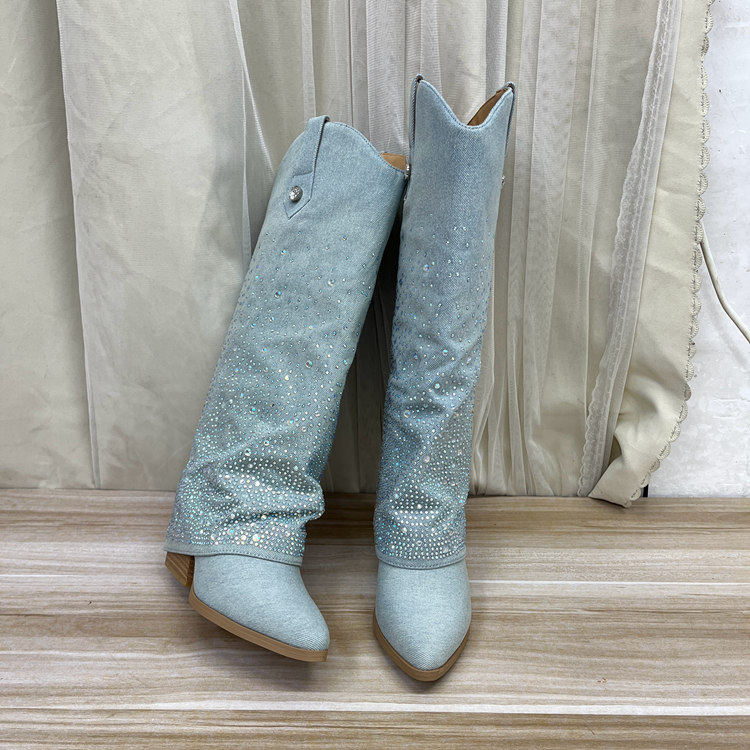 尖头纯色带钻粗高跟套筒长靴裤靴