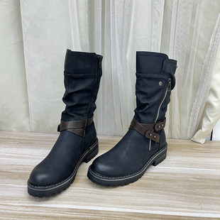 通勤圆头粗跟皮带扣时装 Lady 时尚 外贸原单女靴新款 中筒靴 Shoes