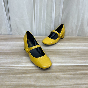 外贸原单时尚休闲鞋垫羊皮一字扣带浅口方头粗跟单鞋女鞋玛丽珍