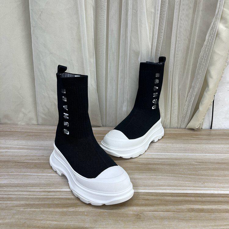 Lady Shoes外贸原单女靴鞋垫真皮圆头厚底针织套筒袜靴瘦瘦短靴