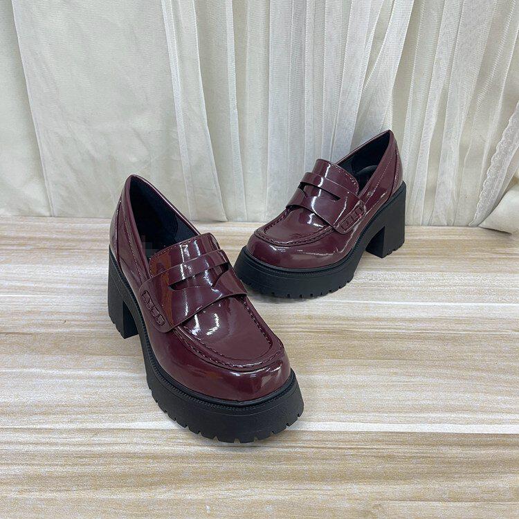 圆头纯色厚底粗高跟单鞋乐福鞋