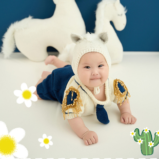 可爱白马王子宝宝百天照主题 婴儿100天照服装卡通影楼写真道具