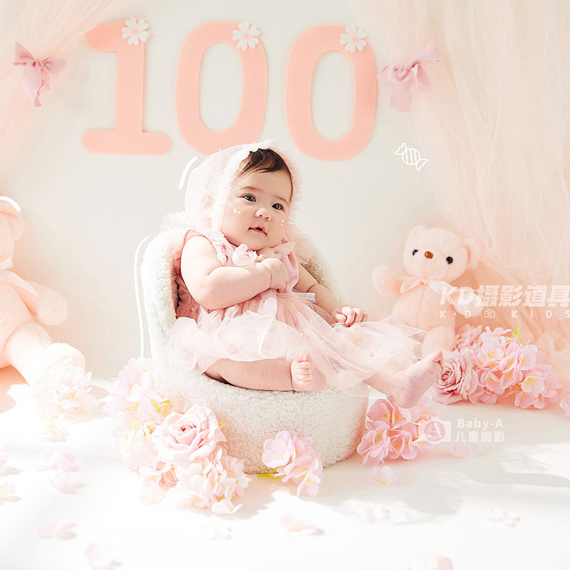 新品女宝宝百日拍照仙美粉裙子主题 影楼摄影儿童百天照服装道具图片