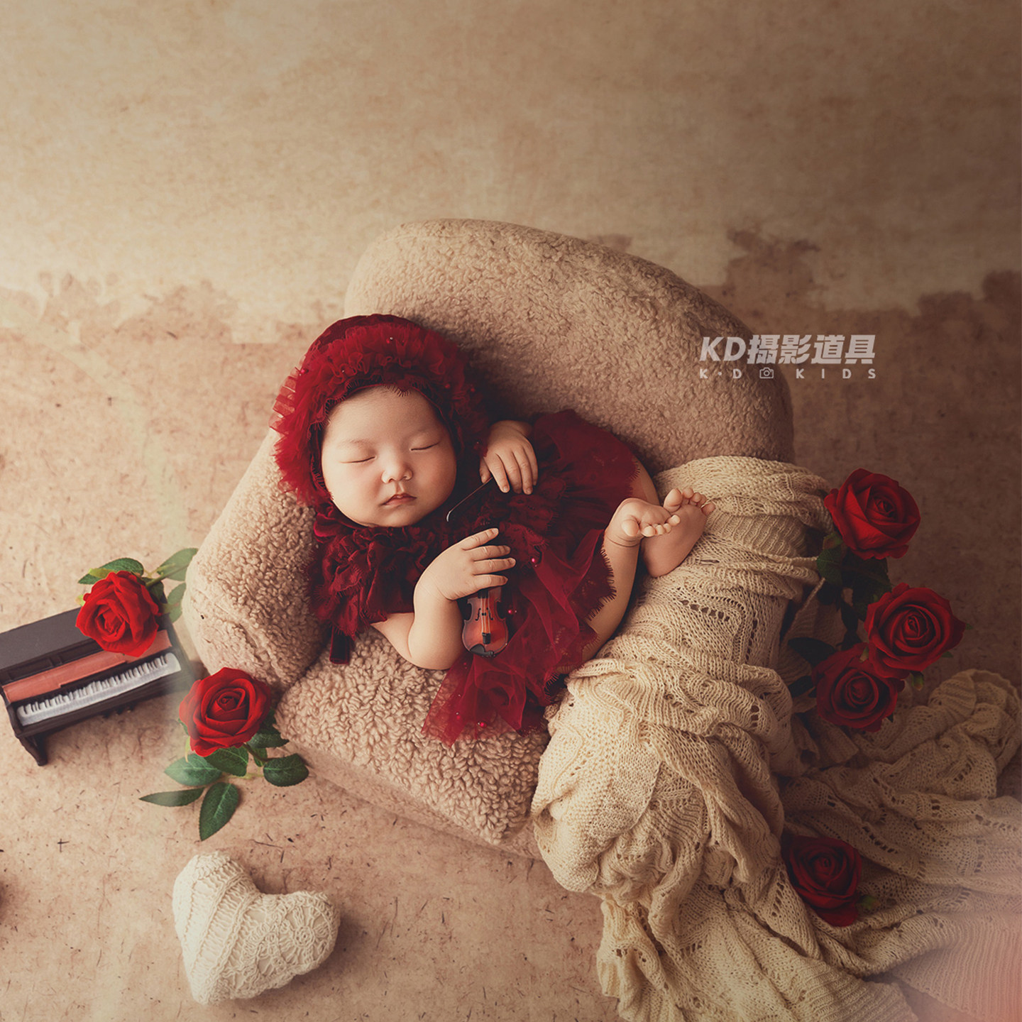 红玫瑰新生婴儿拍照蕾丝套装主题复古女宝宝满月照影楼KD摄影道具