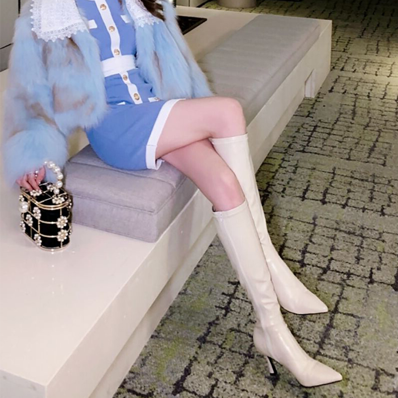 泫雅同款尖头白色长靴女2024年新款高跟细跟瘦瘦靴侧拉链弹力靴子