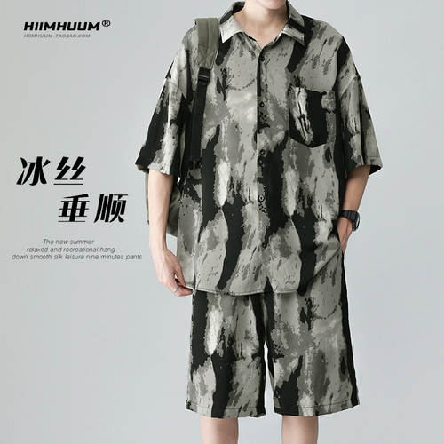 Летняя рубашка, шелковые шорты, комплект, короткий рукав, оверсайз