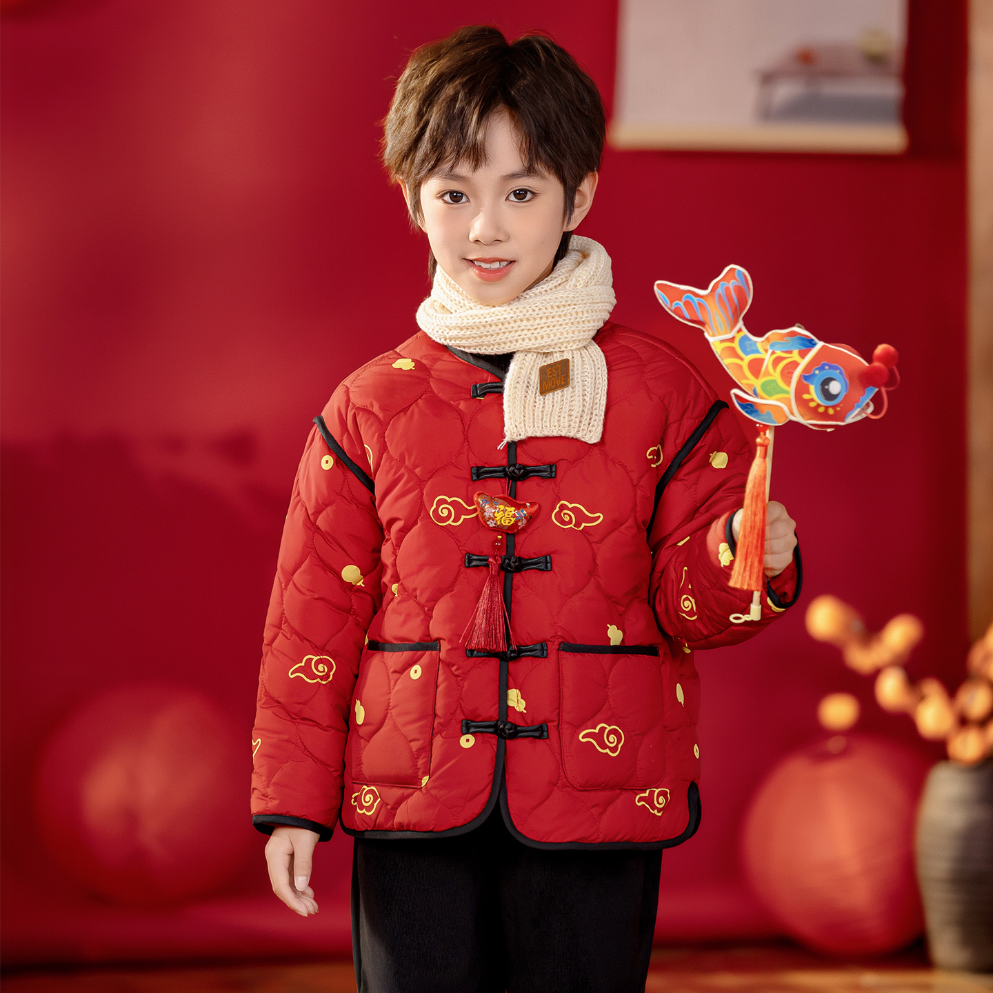 男童汉服新中式古风棉服秋冬外套拜年服儿童红色喜庆宝宝新年衣服