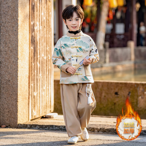 汉服男童秋冬加绒新中式套装儿童唐装小男孩过年衣服中国风表演服