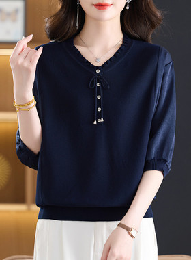 声雨竹折扣店2026新款夏季桑蚕丝短袖T恤女系绳纽扣气质减龄上衣