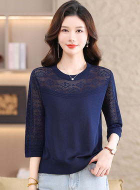 声雨竹折扣2026新款7分袖针织衫T恤女桑蚕丝高端刺绣镂空时尚上衣