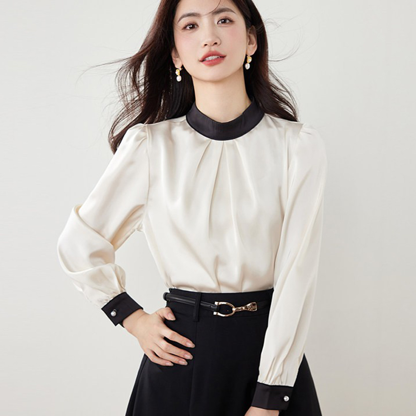 声雨竹清仓折扣新款春季长袖上衣女T恤桑蚕丝高端圆领白色小衬衫