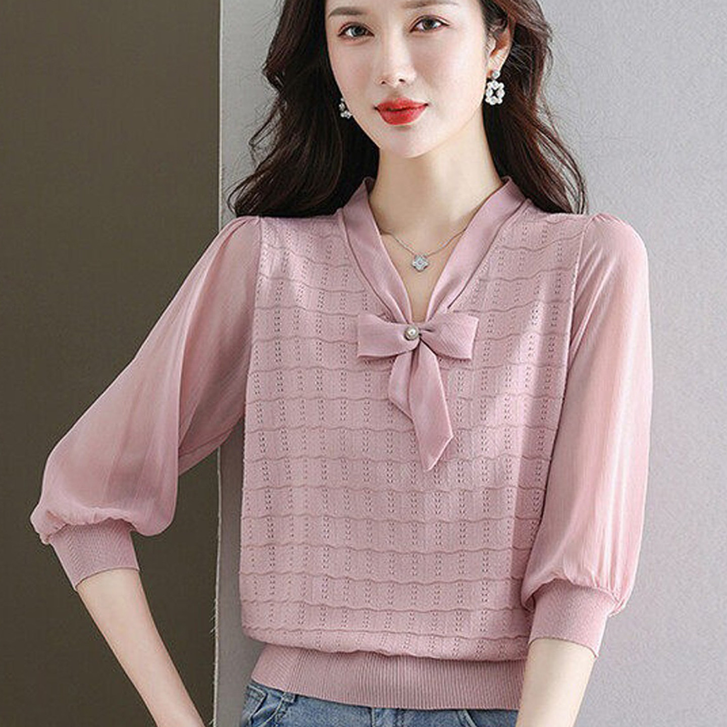 声雨竹清仓折扣新款桑蚕丝短袖T恤女装夏季真丝蝴蝶结领时尚小衫