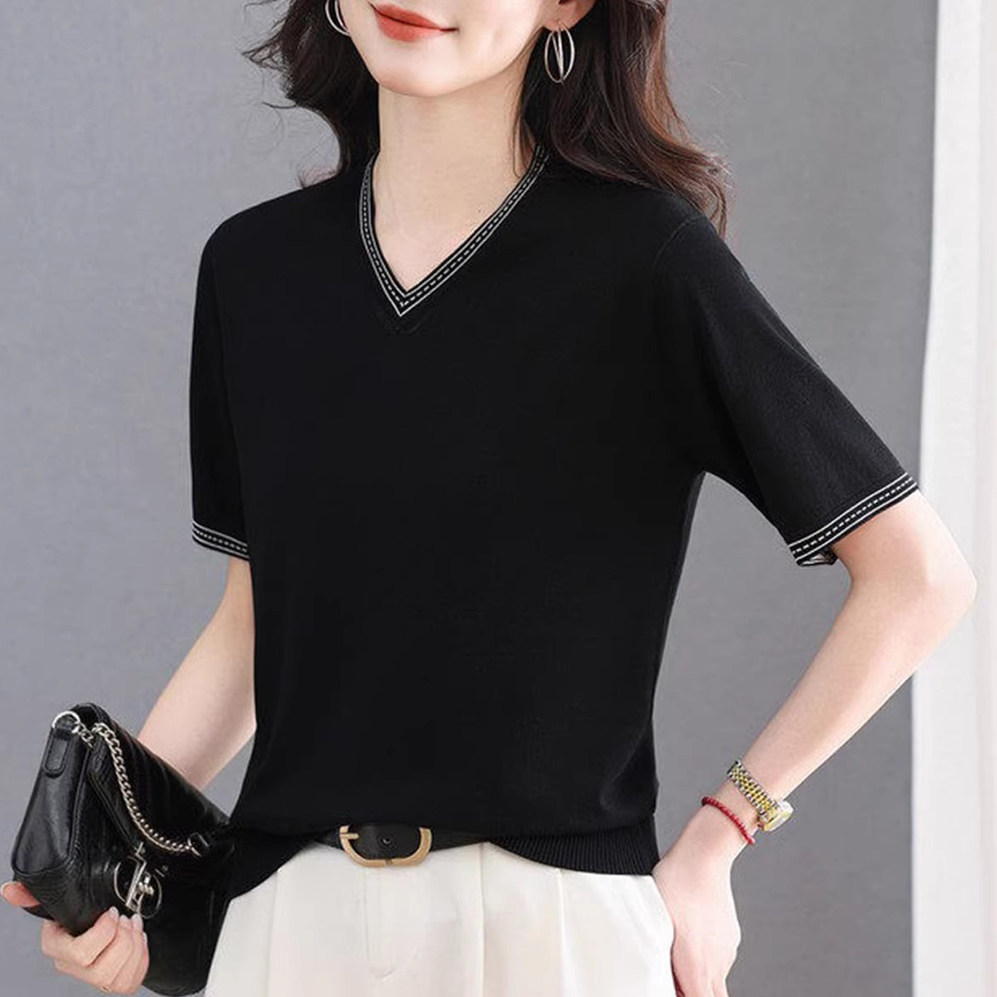 声雨竹折扣2026新款桑蚕丝短袖T恤女夏季高端真丝V领烫钻大码上衣