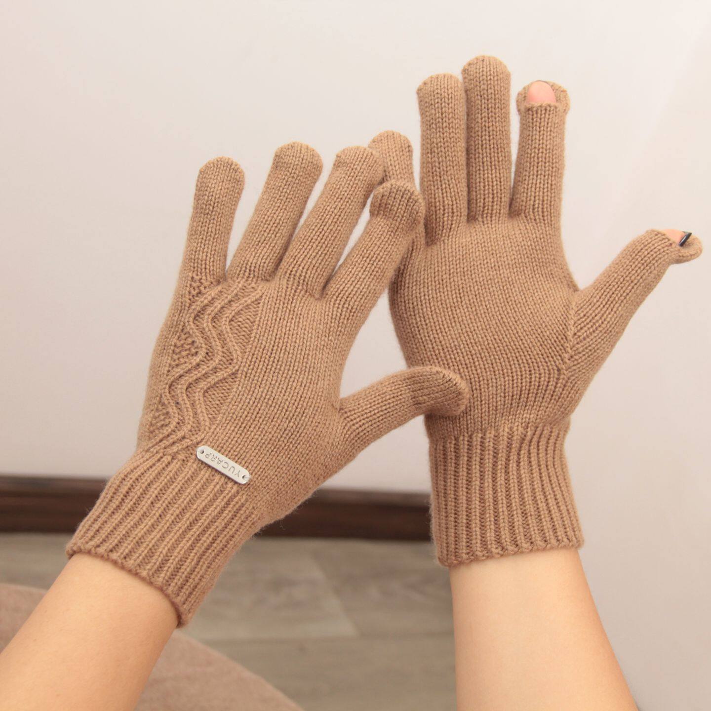 外贸冬季女士薄款五指露指开车简约纯色驼绒针织毛线舒适文艺手套