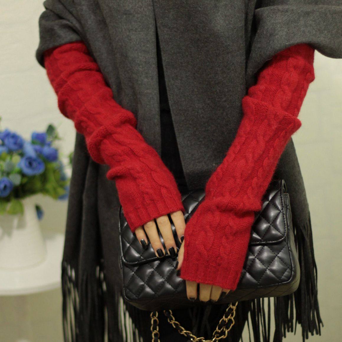 冬季保暖手套针织长款手套半指露指加厚手臂套高档韩版大红色手套