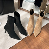 法式 高跟弹力瘦瘦靴女尖头绒面百搭后拉链裸靴气质高级感细跟短靴