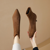 尖头细跟短靴女2025新款 秋冬5cm低跟瘦瘦靴法式 显瘦绒面高跟靴子