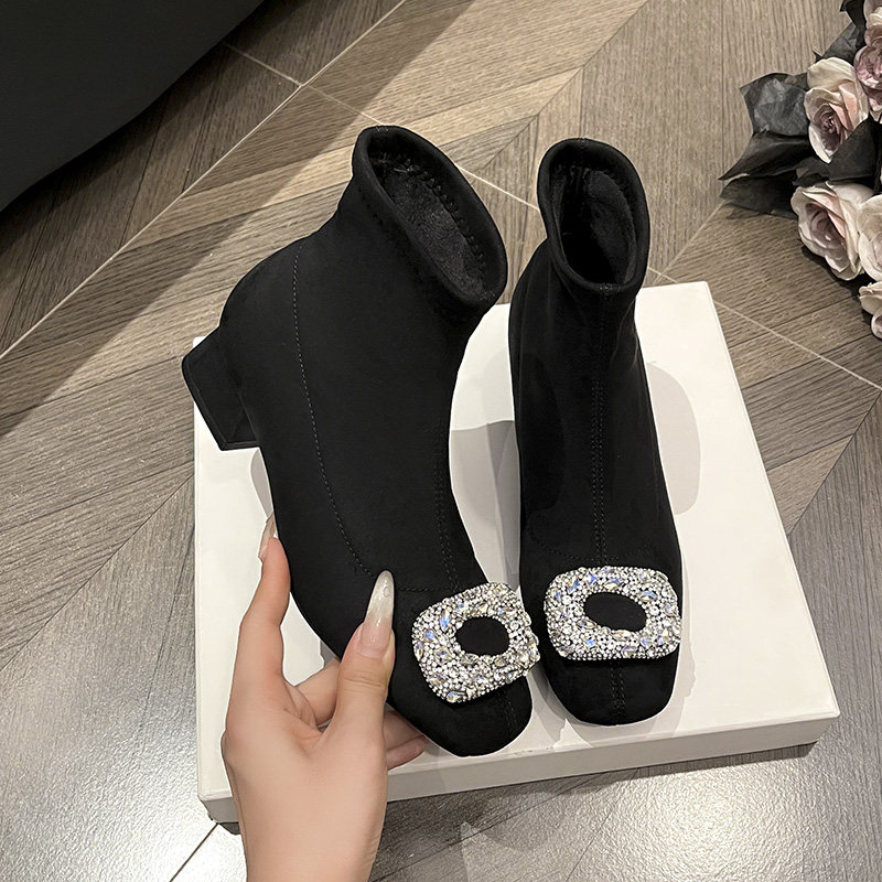 粗跟弹力袜靴女黑色绒面小众加绒水钻不累脚百搭通勤中跟方头短靴,女鞋,弹力靴/袜靴,淘宝优惠券,粉丝福利购,淘宝优惠卷