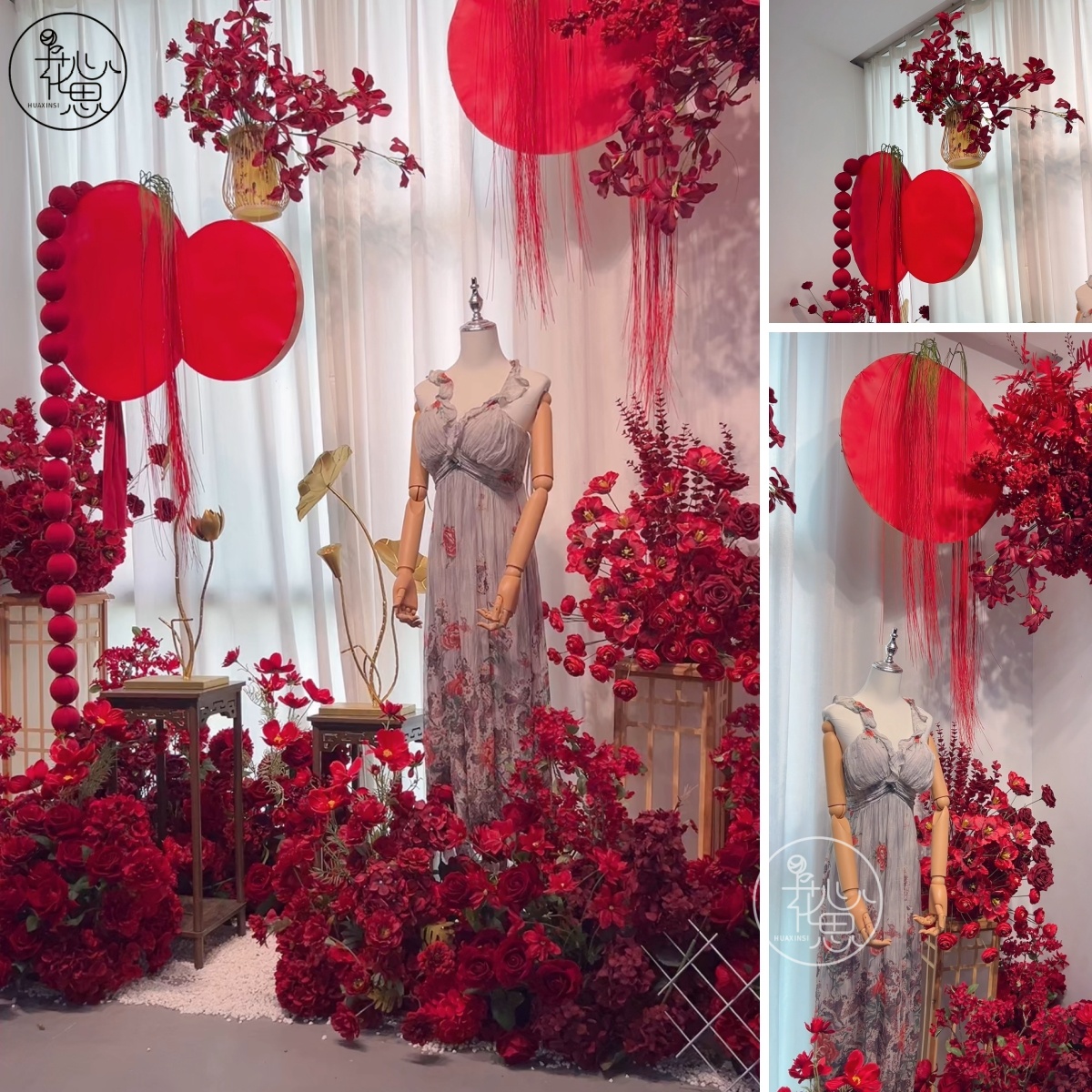 花心思仿真花艺软装红色系婚庆主题商业美陈橱窗设计定制高端装饰