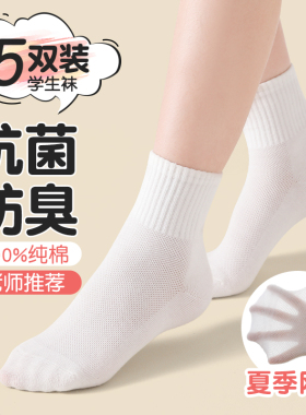 儿童袜子夏季薄款网眼透气防臭男女童运动短袜夏天中筒白色学生袜