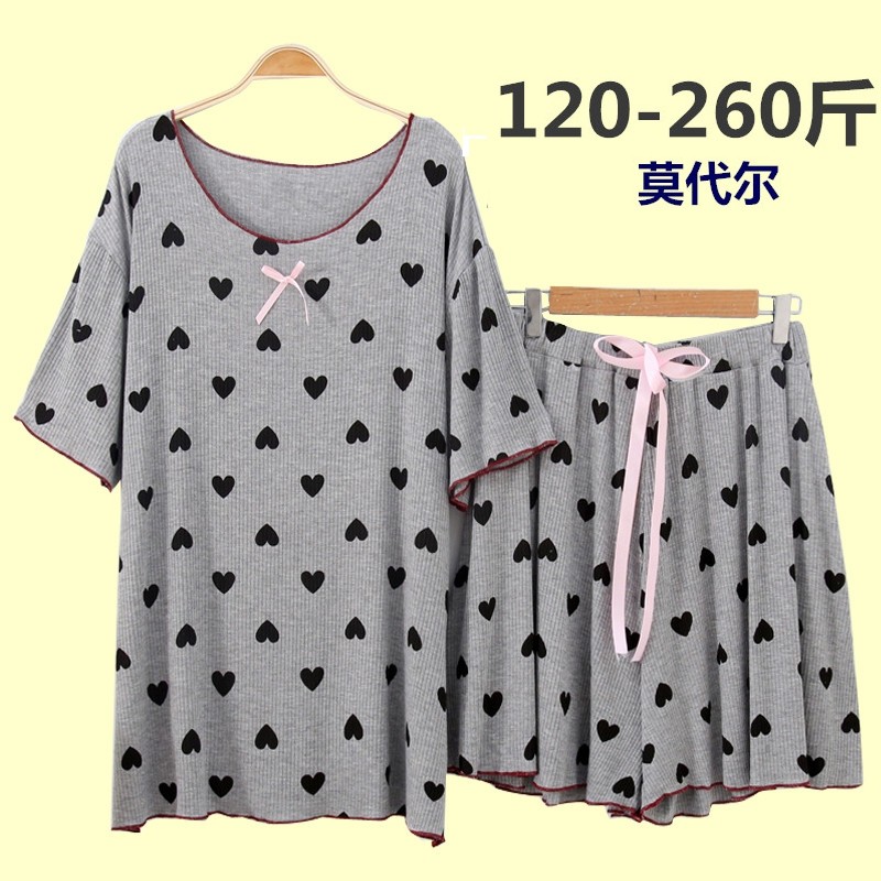 200斤夏莫代尔薄棉短袖短裤桃心加肥大码睡衣女爱心pink居家服套