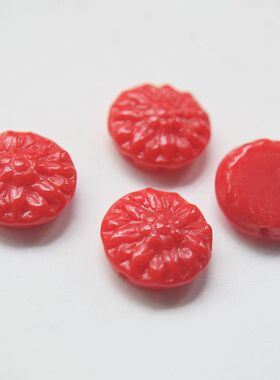 美国进口古董琉璃双通孔橙红色雕花手作饰品服饰配件【花T】