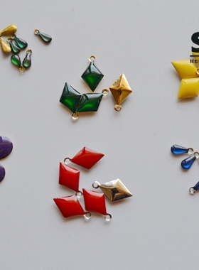 台湾货 滴油复古绿色水滴老货金银底托蓝黄菱形吊坠 手作饰品配件