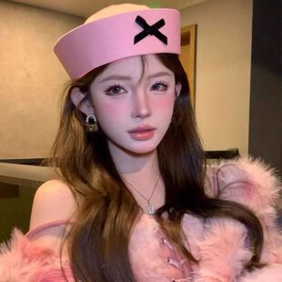 日本蝴蝶结可爱粉色水手帽韩版百搭甜美少女夏JK贝雷帽帽子翻檐帽