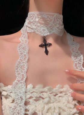 复古白色蕾丝十字架长条丝巾项链女法式纯欲风独特绝美锁骨链配饰