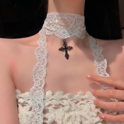 复古白色蕾丝十字架长条丝巾项链女法式纯欲风独特绝美锁骨链配饰