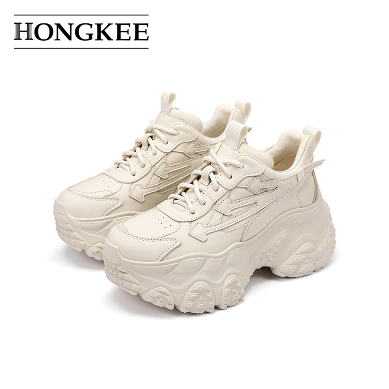 Hongkee/红科女鞋2024早秋新款鞋子牛皮老爹鞋厚底休闲鞋HC54X300
