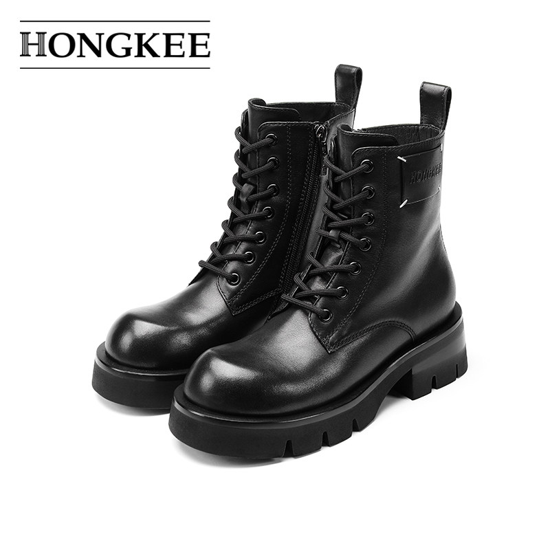 Hongkee/红科马丁靴女款牛皮靴子圆头厚底短靴HA84S416