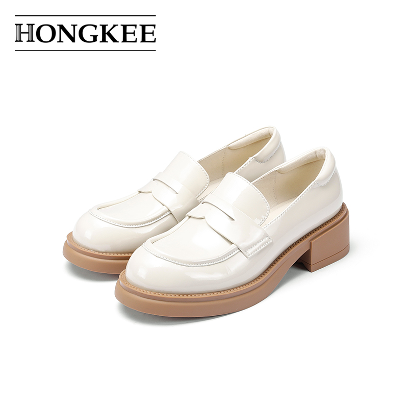 Hongkee/红科单鞋圆头粗跟乐福鞋亮面女鞋H073S102