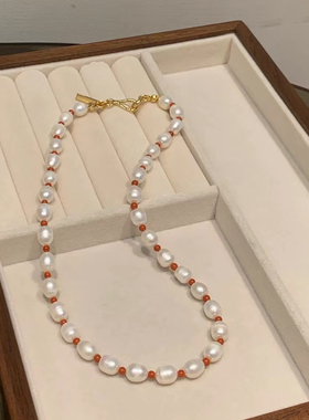 天然珍珠项链红晶石点缀