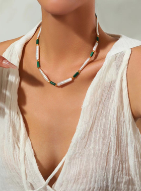小众设计天然孔雀石异形珍珠项链
