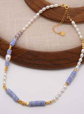 小众设计蓝纹玛瑙金粒珍珠项链