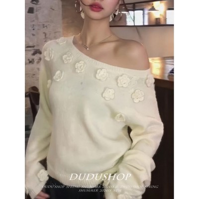 NTOT立体花朵露肩长袖针