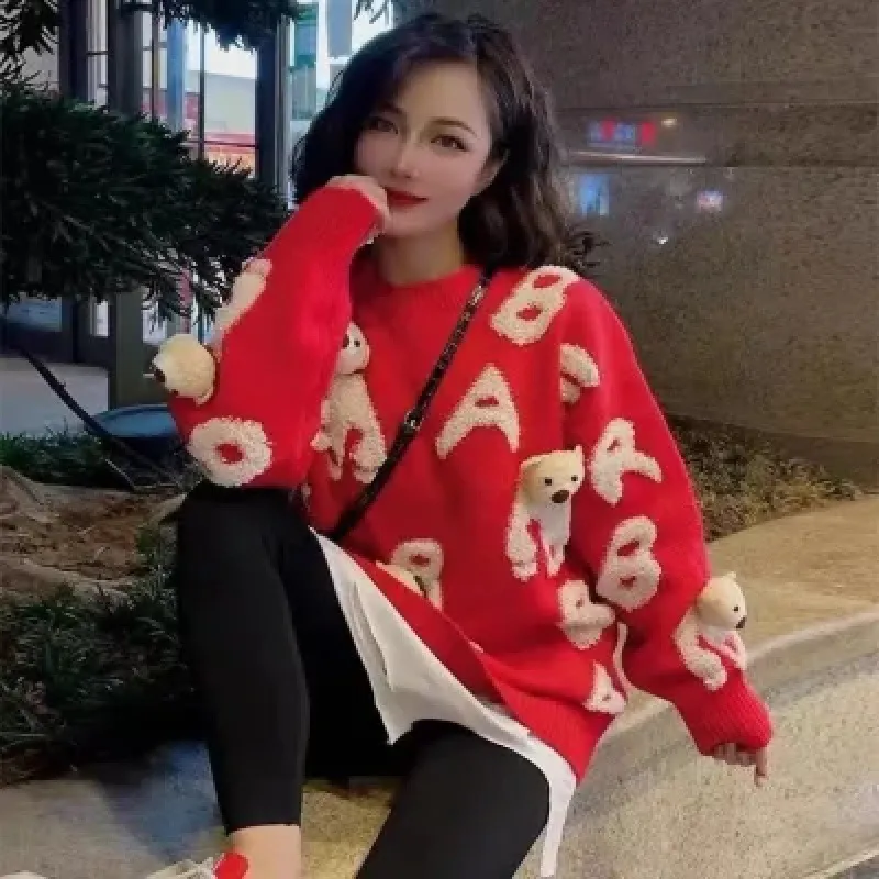 针织上衣女2024韩系秋冬新款卡通可爱立体小熊毛衣套头洋气针织衫
