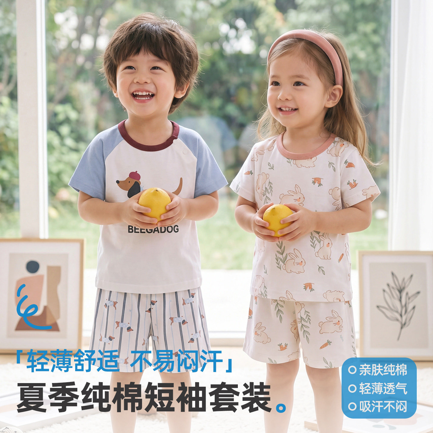 小狗比格儿童短袖短裤家居服夏季纯棉睡衣套装男女宝宝空调服全棉
