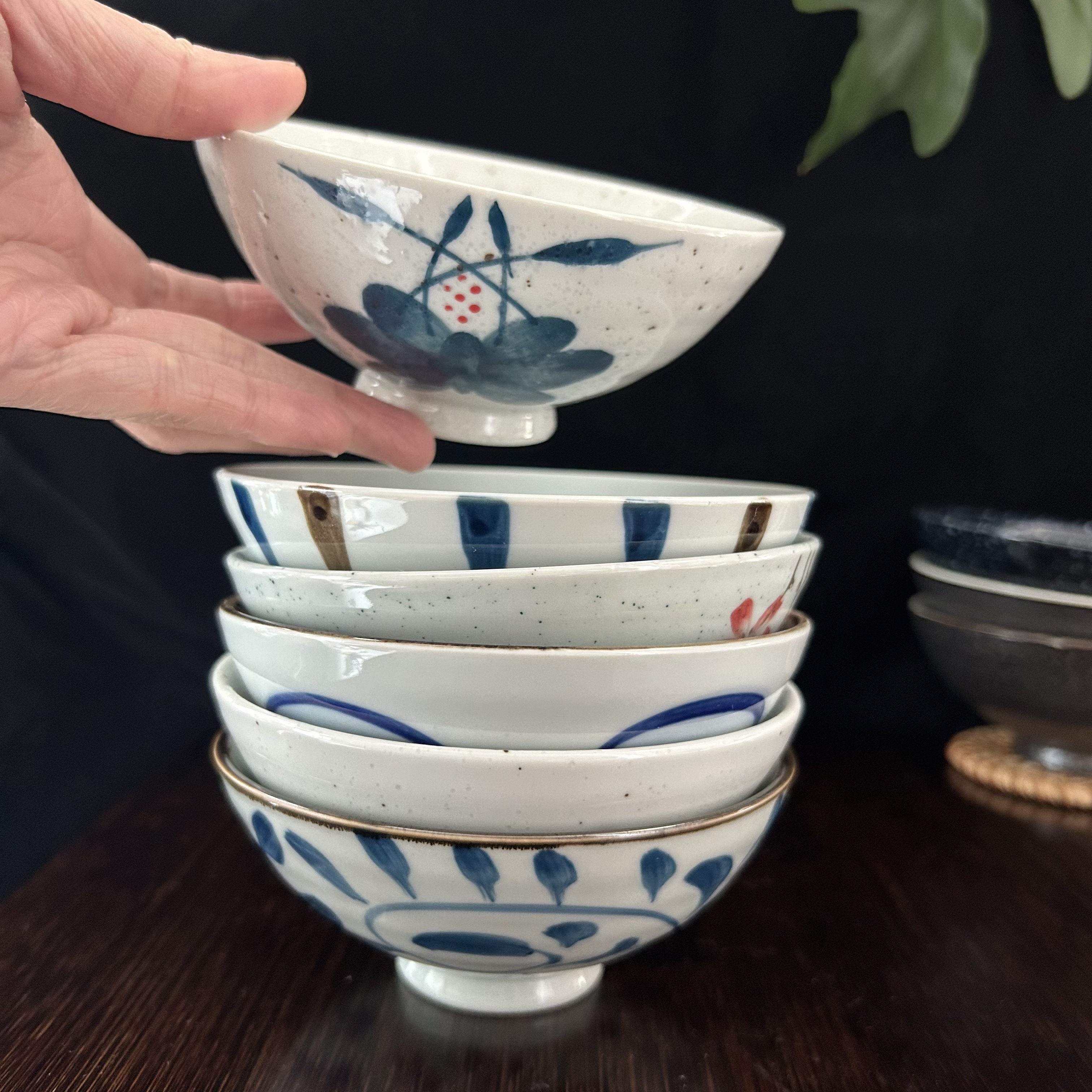 中式高温陶瓷高脚米饭碗釉下彩