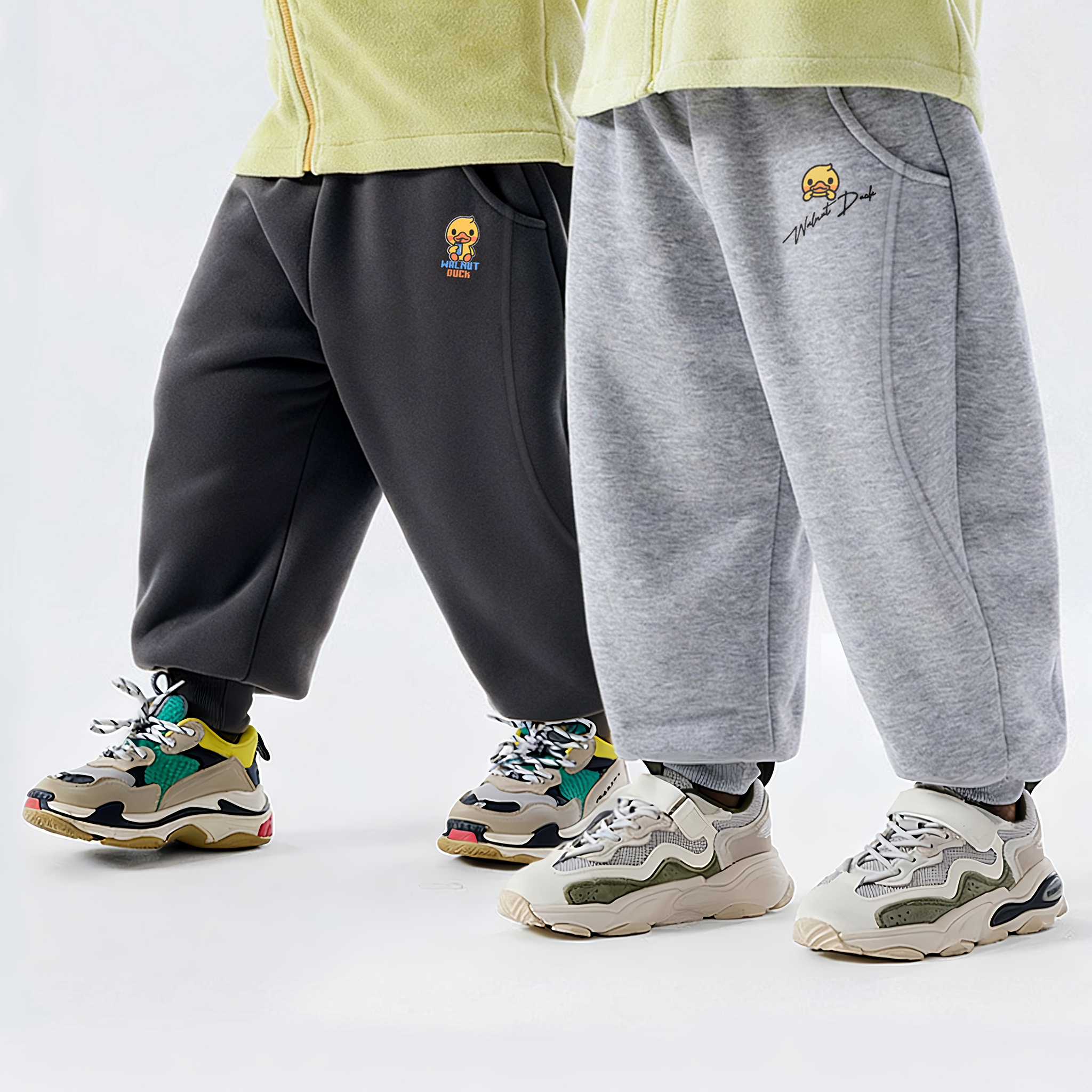 小黄鸭联名加绒加厚童装一体绒裤子男女儿童新款卫裤保暖束脚棉裤