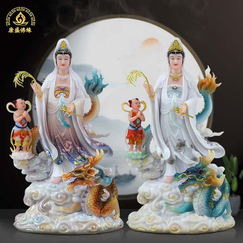 骑龙观音佛像高档汉白玉家居摆件