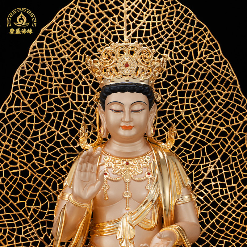 天冠弥勒黄铜佛像摆件家居著金色一叶天冠弥勒佛客厅供奉祝福摆件