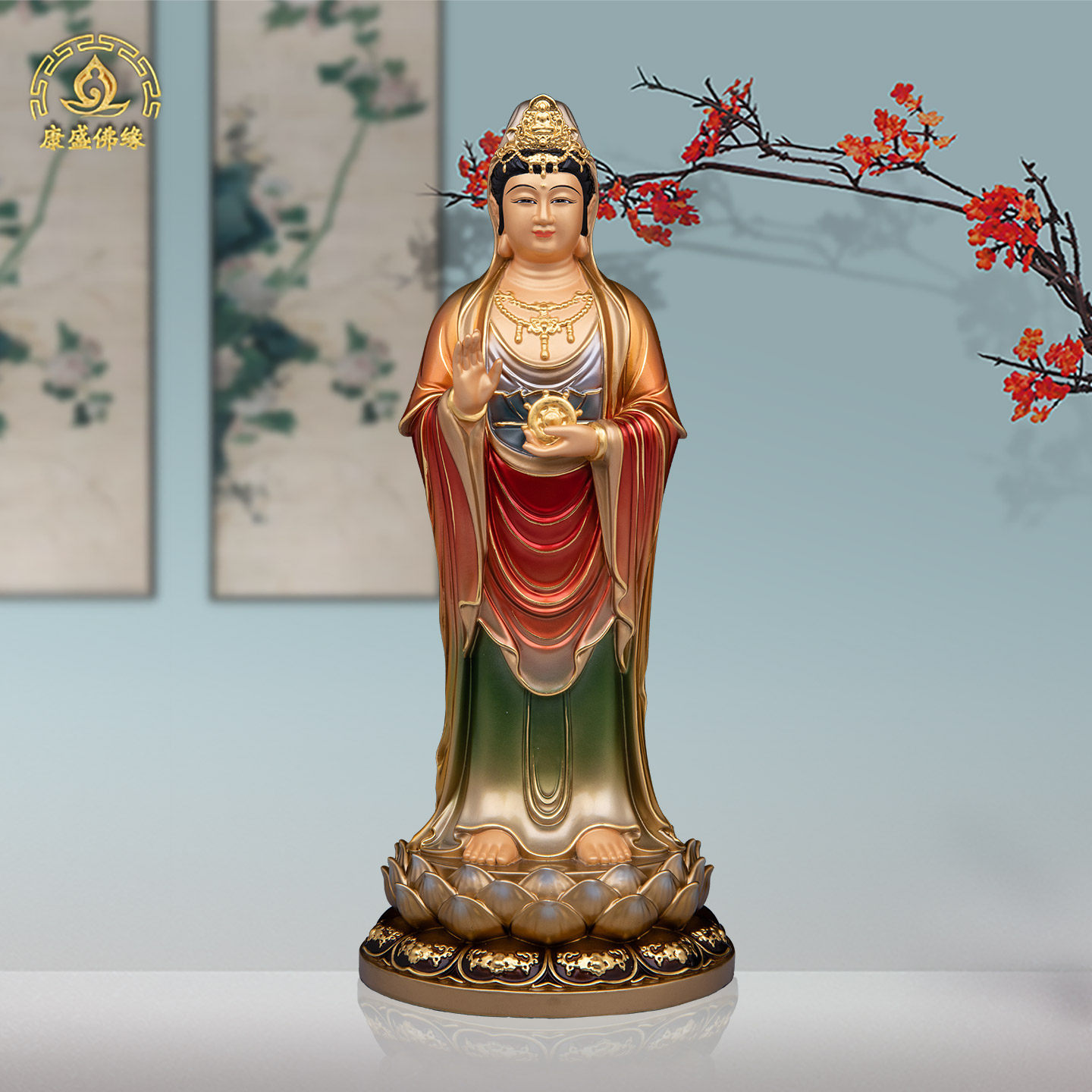黄铜南海法轮观音神像古彩观世音菩萨站像家用客厅工艺摆件