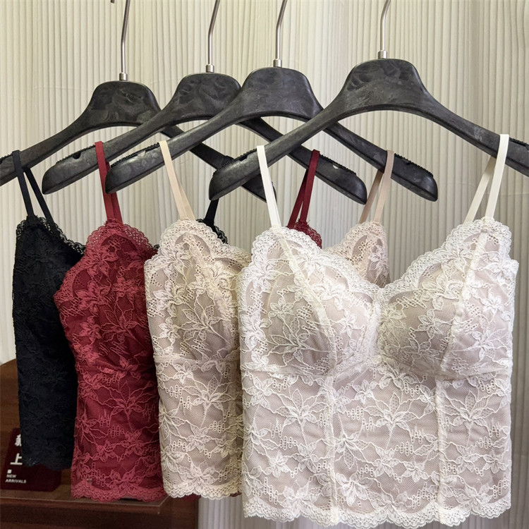 法式蕾丝吊带背心女带胸垫内搭外穿性感纯欲风美背微磨毛打底保暖