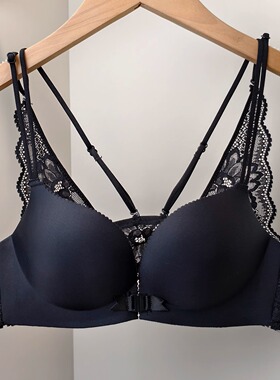 黑色豹纹前扣内衣女生小胸聚拢上托收副乳美背细带蕾丝无钢圈文胸