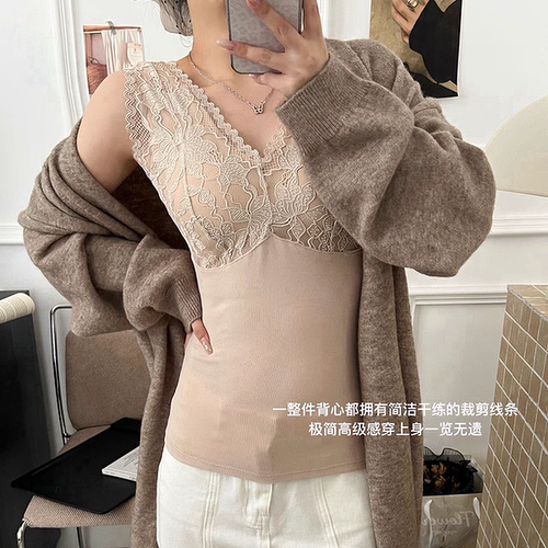 3296蕾丝V领磨毛保暖背心带胸垫一体杯垫免穿文胸打底衫上衣内搭