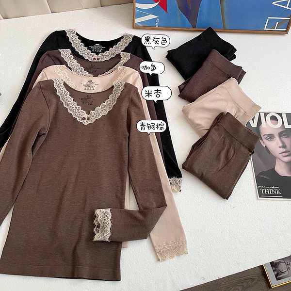 惠芝欣8568秋冬绵羊毛暖肤保暖内衣套装蕾丝边发热打底衫秋衣秋裤