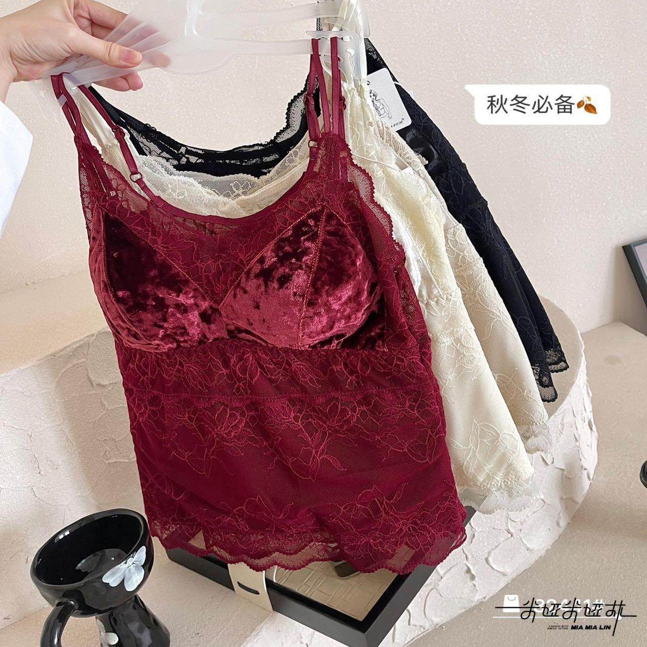 欧货轻奢蕾丝拼接水晶绒加绒保暖打底吊带纯欲风背心女固定杯内搭